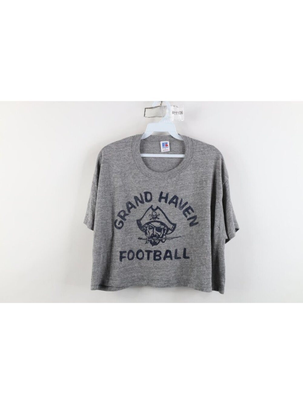 Vintage 80s Russell Athletic Mens XL Cropped Triblend Football T-Shirt Gray USA